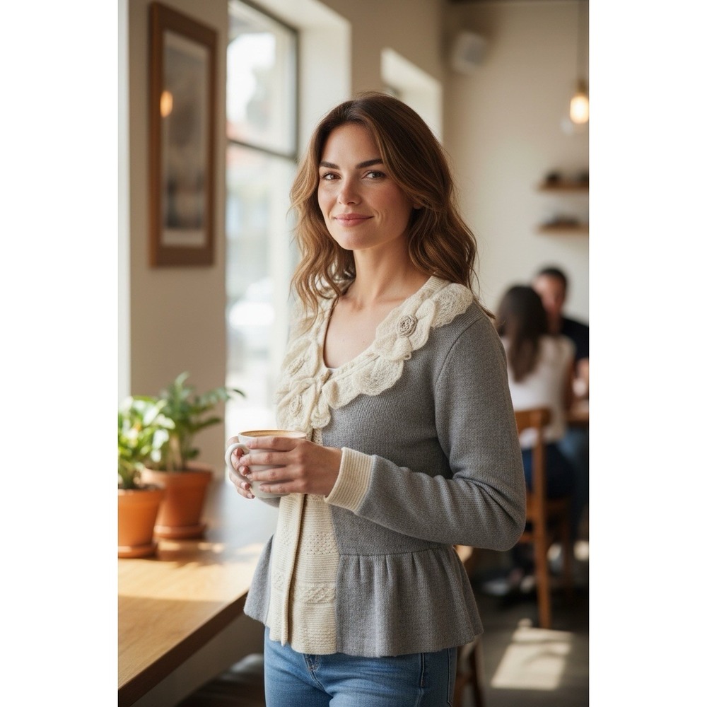 Anthropologie Field Flower Cashmere Blend Sweater Cardigan Womens L Ruffle Gray - Picture 1 of 8